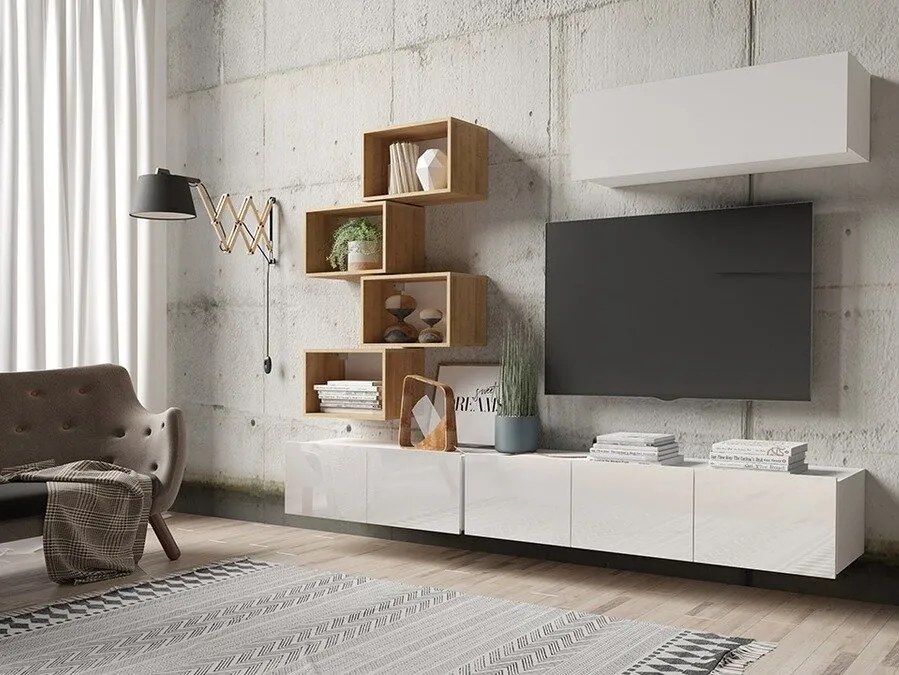 Camera de zi Providence B147Alb, Stejar auriu, Alb lucios, Cu comodă tv, Cu componente suplimentare, Părți separate, PAL laminat, 250x43cm, 76 kg
