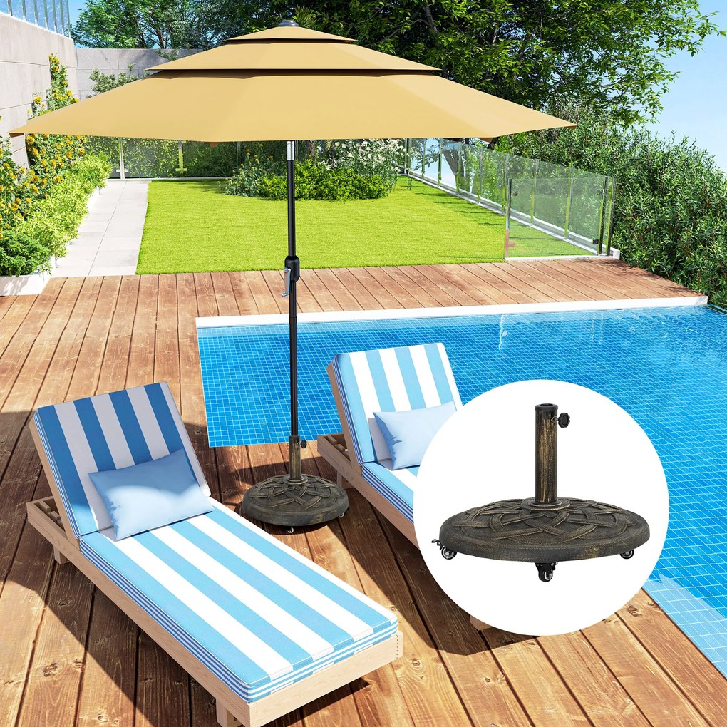 Outsunny Bază Rotundă pentru Umbrelă cu Roți, Bază Ponderată de 20 kg din Rășină, Suport pentru Umbrele de 3,3 cm/3,8 cm/4,8 cm pentru Exterior, Grădină, Piscină, Bronz | Aosom Romania