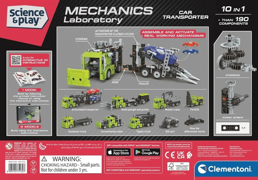 Vehicul Mechanics Transportator Auto 10 în 1 Set de Construcție Clementoni
