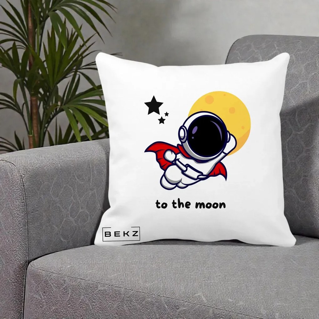 Perna Decorativa Astronaut To The Moon, 40x40 cm, Alba Mata, Husa Detasabila, Perna Inclusa, BEKZ®
