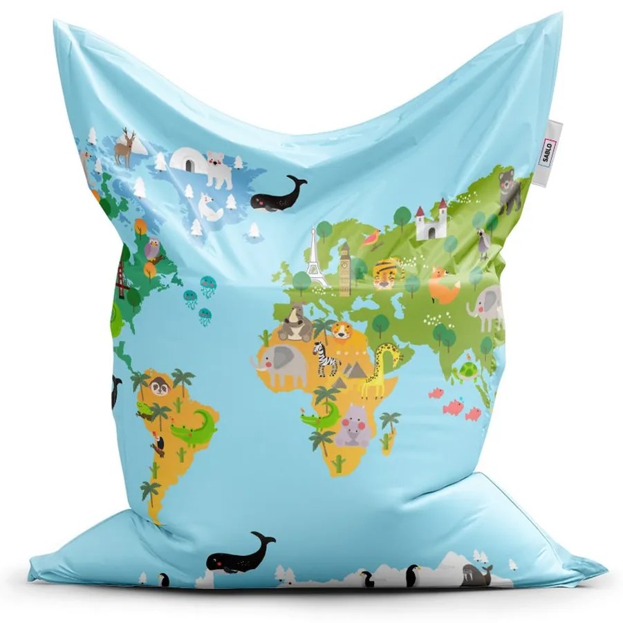 Sac de șezut Classic harta lumii cu animale - pentru copii, albastru / verde