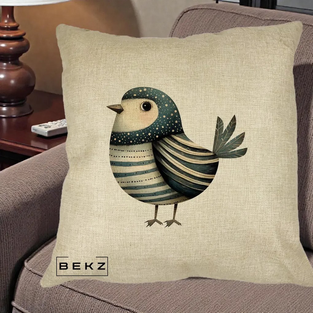 Perna Decorativa Pasare Teal Decorativa Dungata, 40x40 cm, Crem, Husa Detasabila, Perna Inclusa, BEKZ®
