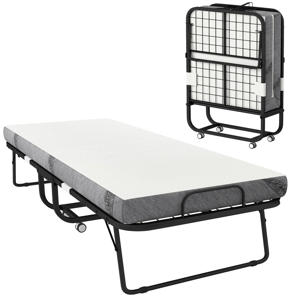 HOMCOM Pat pliant de oaspeți cu roți Oțel+Spumă Alb+Negru 200 x 80 x 42,5 cm | Aosom Romania