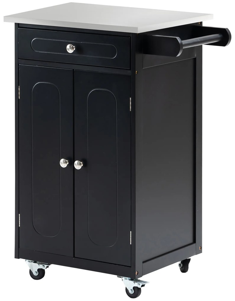 HOMCOM Căruț de servire pentru bucătărie pe roți, multiple spații de depozitare, 1 sertar, dulap cu 2 uși și raft, suport prosop, MDF negru, oțel inoxidabil | Aosom Romania
