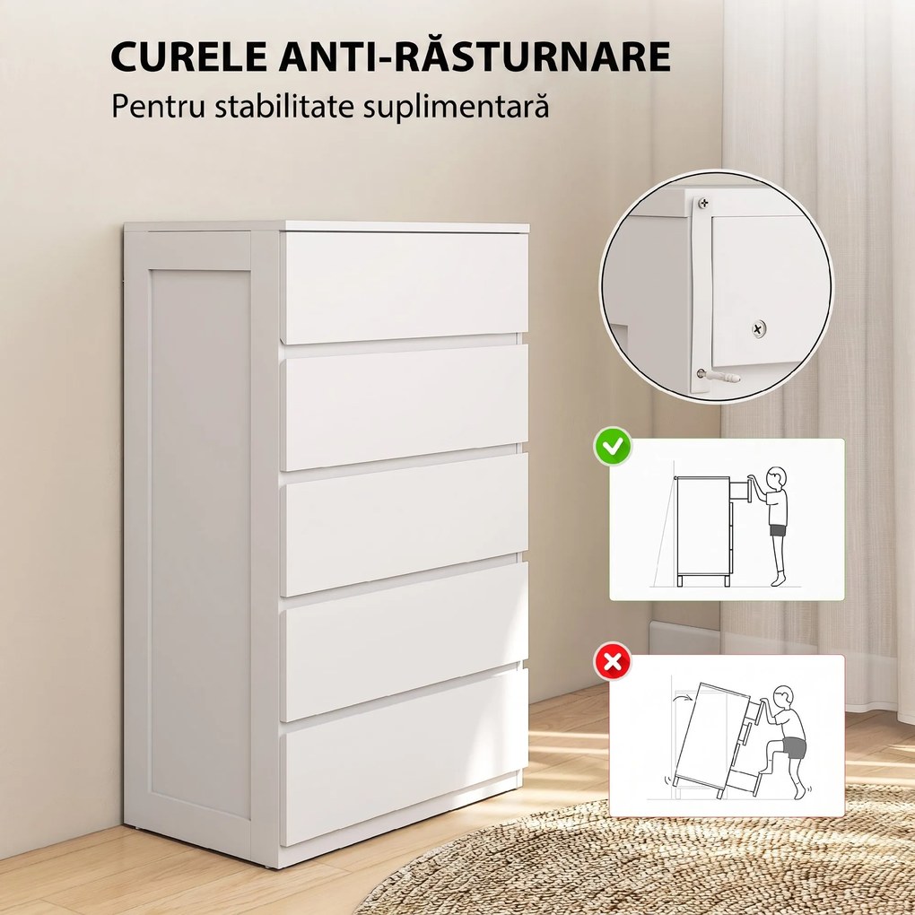 HOMCOM Dulap cu 5 Sertare pentru Dormitor, Dulap Depozitare cu Glisiere Metalice și Canelură, Cufăr Alb, Ideal pentru Spațiu și Stil | Aosom România