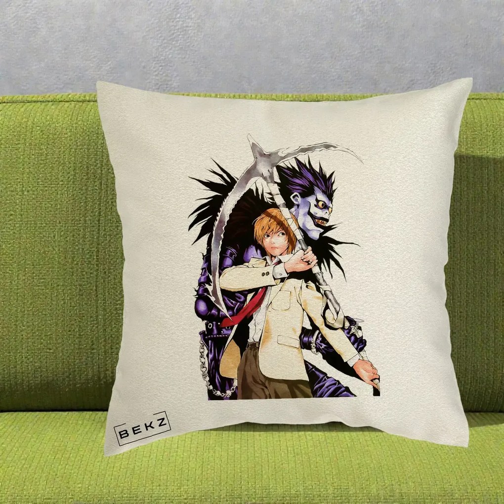 Perna Personalizata Death Note Light si Ryuk Duo, 40x40 cm, Ecru, Husa Detasabila, Perna Inclusa, BEKZ®