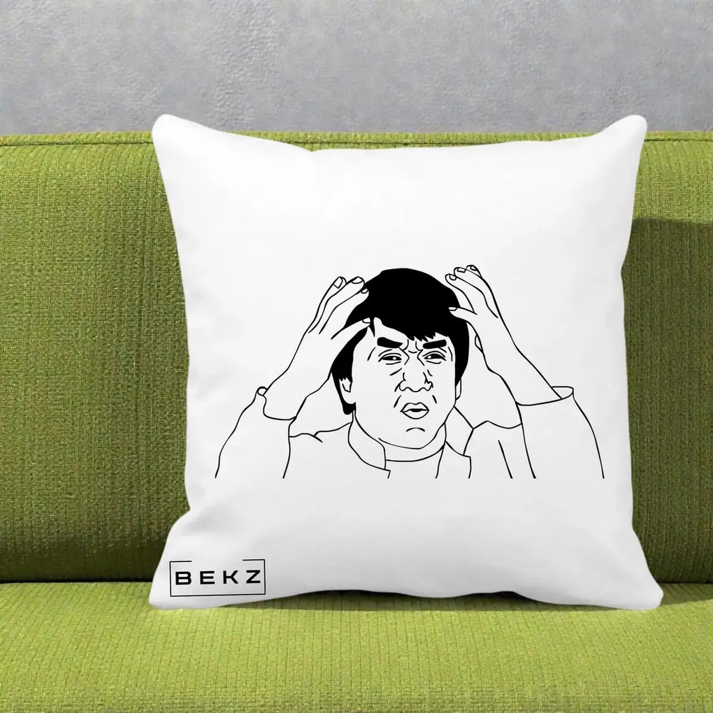 Perna Decorativa Jackie Chan WTF, 40x40 cm, Alba Mata, Husa Detasabila, Perna Inclusa, BEKZ®