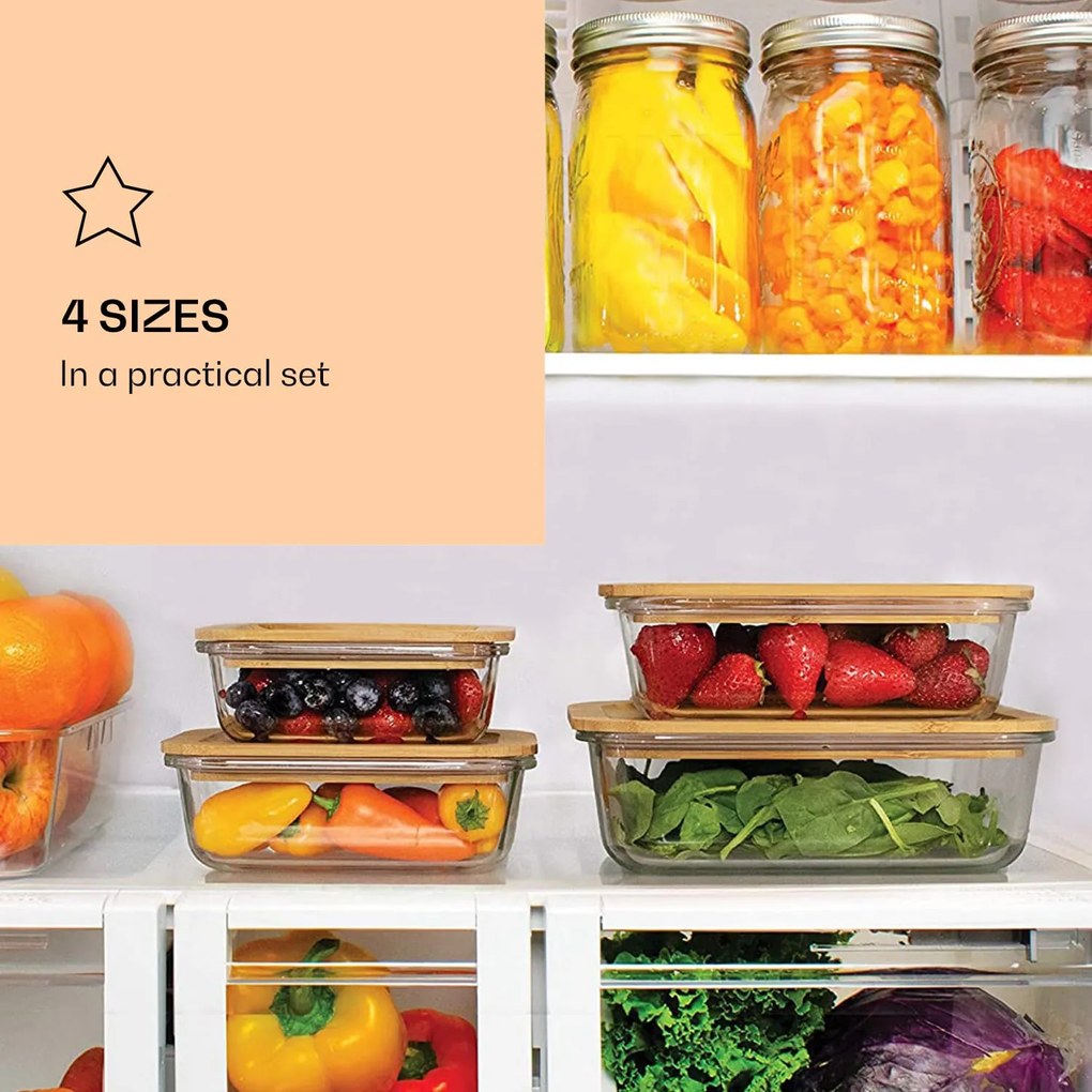 Set de 4 caserole pentru alimente proaspete, sticlă borosilicată, capace din bambus, stivuibile, 4 dimensiuni