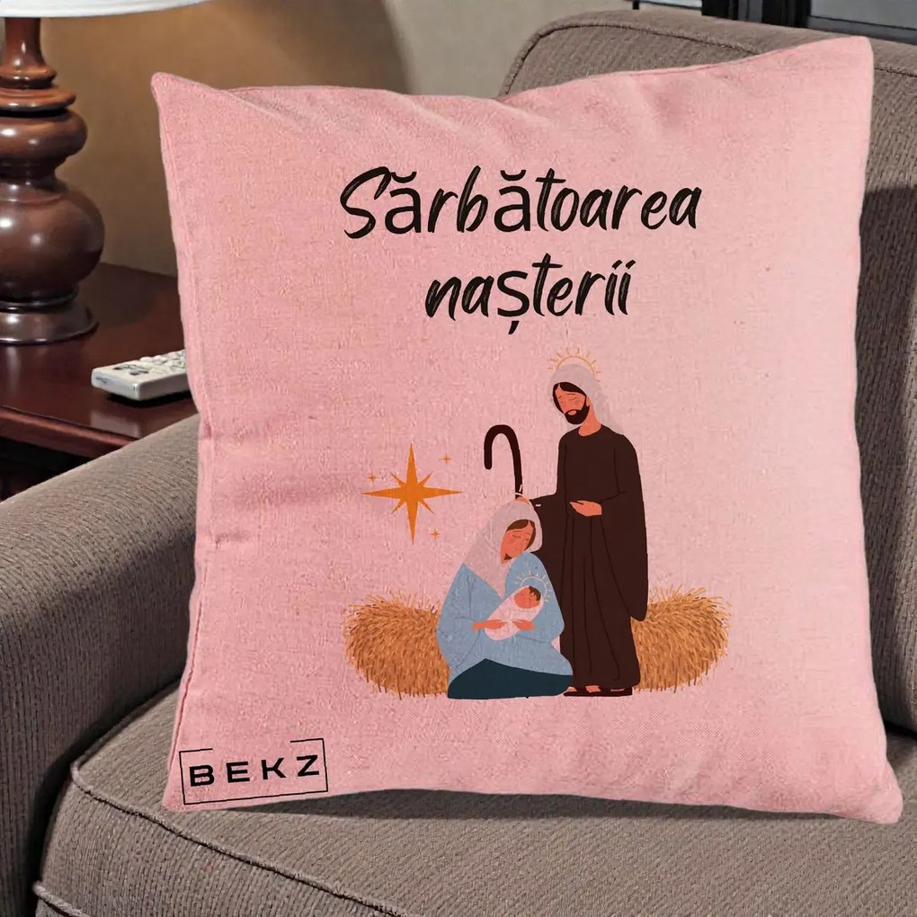 Perna Decorativa Nasterea Domnului Sfanta Familie Sarbatoarea Nasterii, 40x40 cm, Roz, Husa Detasabila, Perna Inclusa, BEKZ®