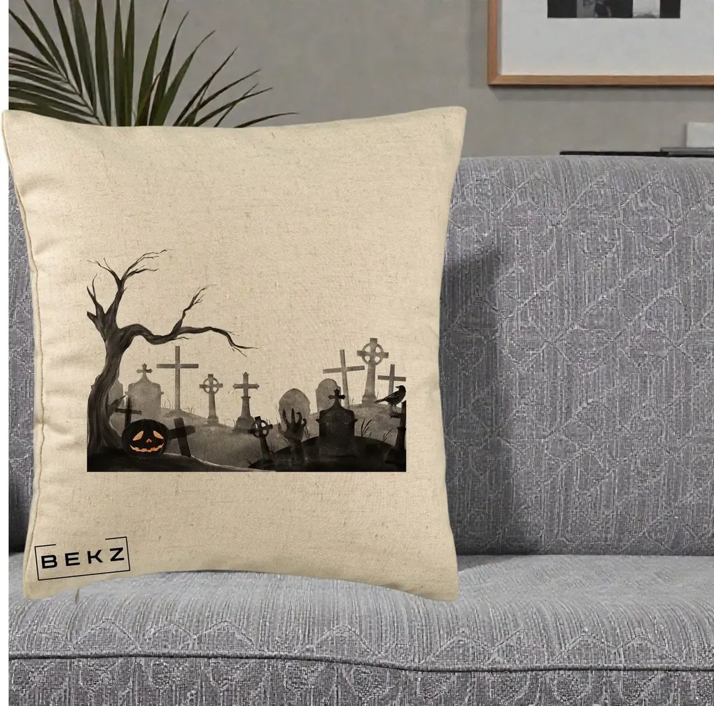 Perna Decorativa Halloween Cimitir Acuarela cu Dovleac, 40x40 cm, Bej, Husa Detasabila, Perna Inclusa, BEKZ®