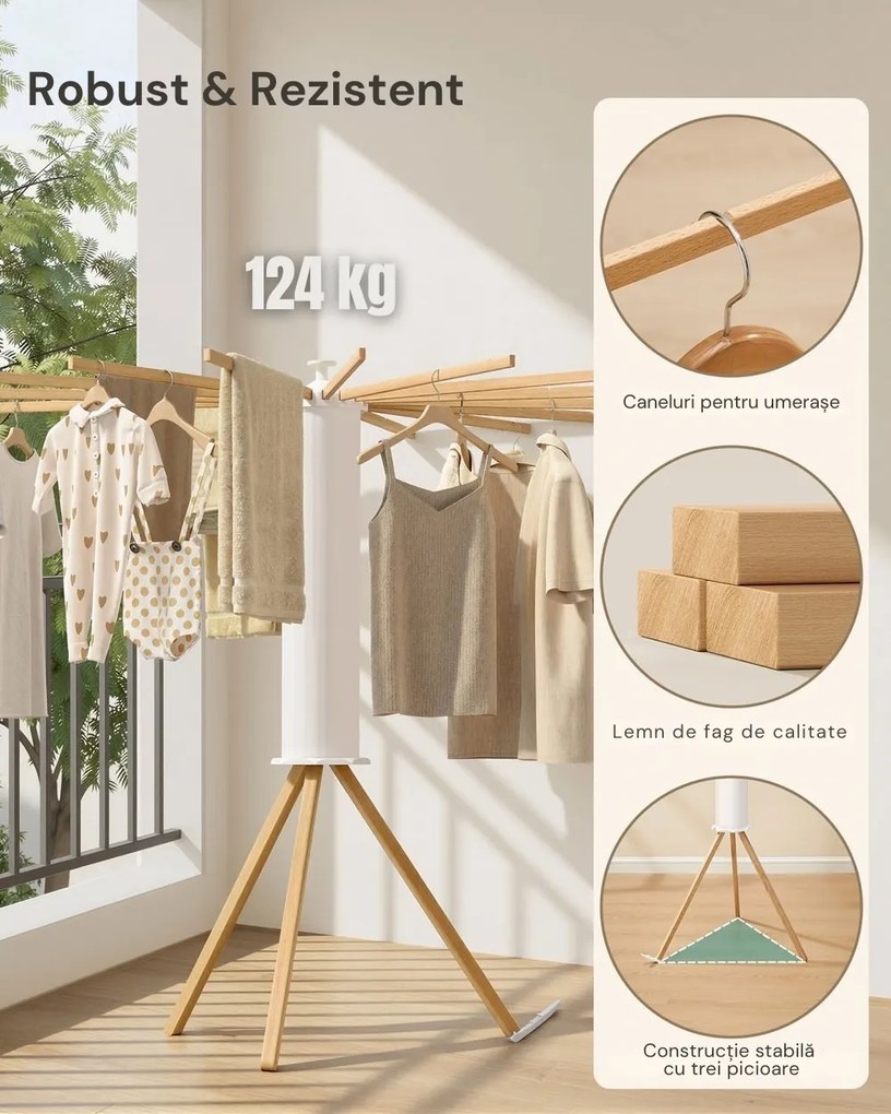 Uscător rotativ de rufe AIRYWOOD cu brațe din lemn, Ø112x122 cm, maro natura SongmicsHome