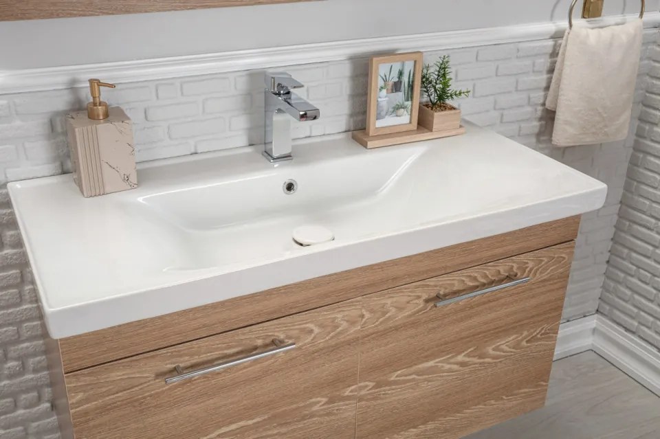 Set Mobilier Baie Sequoia 100, Include Baza Lavoar, Lavoar și Oglinda, 100 cm, Natural