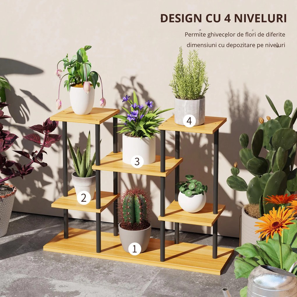 Outsunny Suport plante interior etajeră plantă cu 6 nivele cadru din oțel bază lemn masiv 80 x 24 x 61,5 cm lemn natural | Aosom Romania