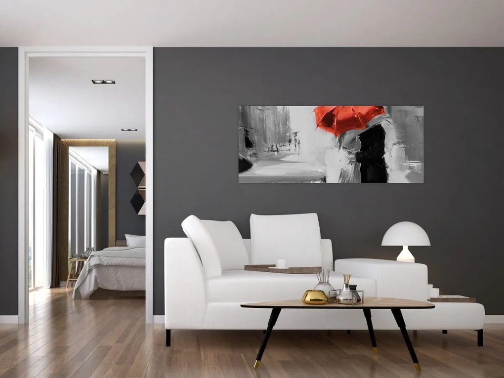 Tablou - Cuplu în dragoste sub o umbrelă, roșu (120x50 cm)
