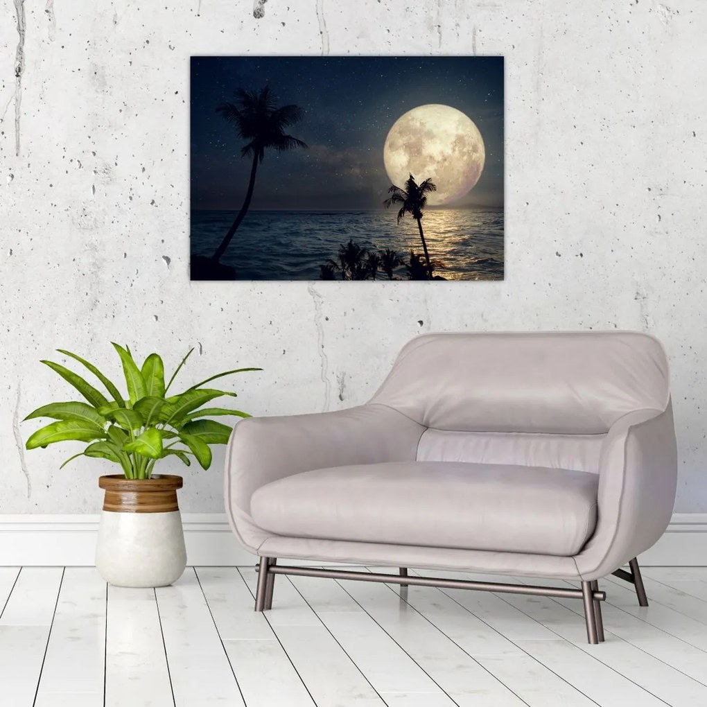 Tablou pe sticlă - Plajă cu lună plină (70x50 cm)