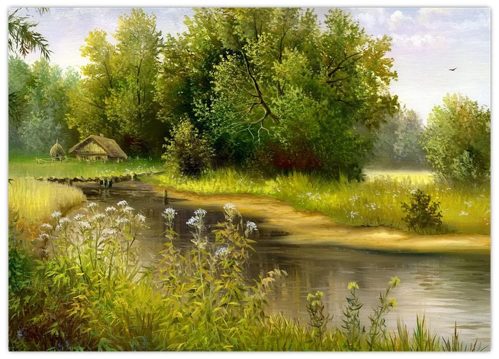 Tablou pe sticlă - Râu lângă pădure, pictură în ulei (70x50 cm)