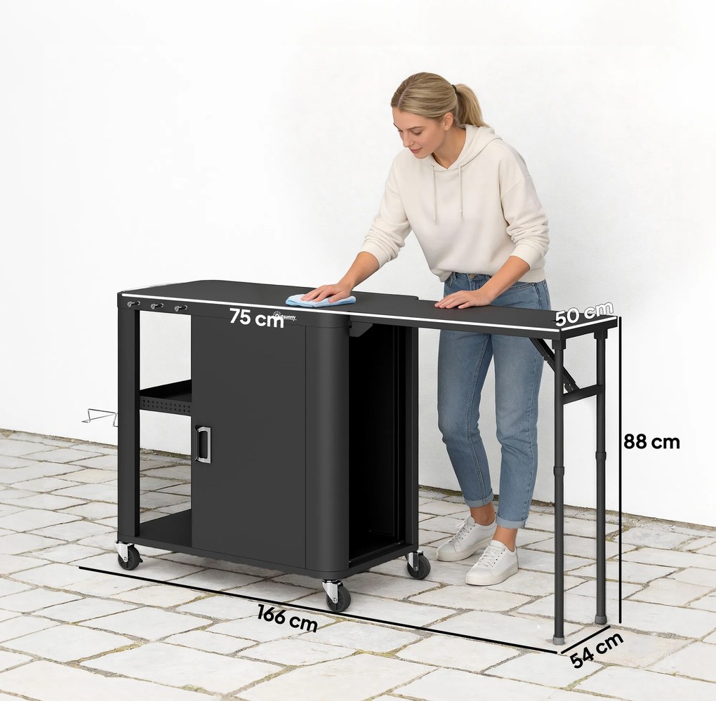 Outsunny Servantă de grădină cărucior de grătar pe roți cu masă laterală pliabilă dulap rafturi 166 x 54 x 88 cm negru | Aosom Romania