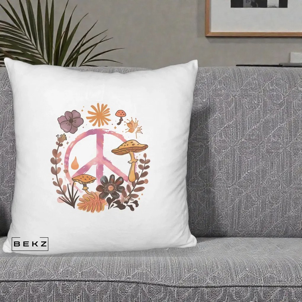 Perna Decorativa Peace Ciuperci Boho, 40x40 cm, Alb Pufos, Husa Detasabila, Perna Inclusa, BEKZ®