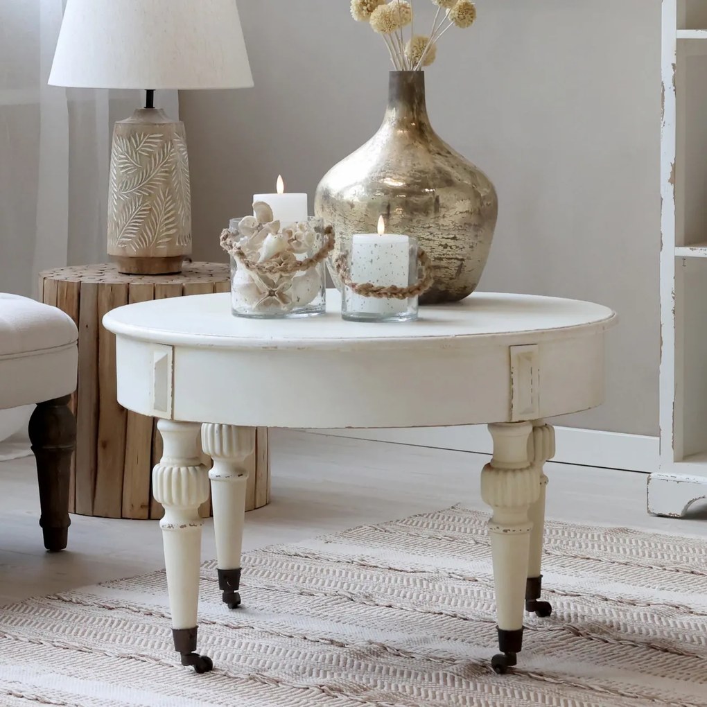 Măsuță de cafea shabby chic pe roți, crem antichizat, "Marie Antoinette"