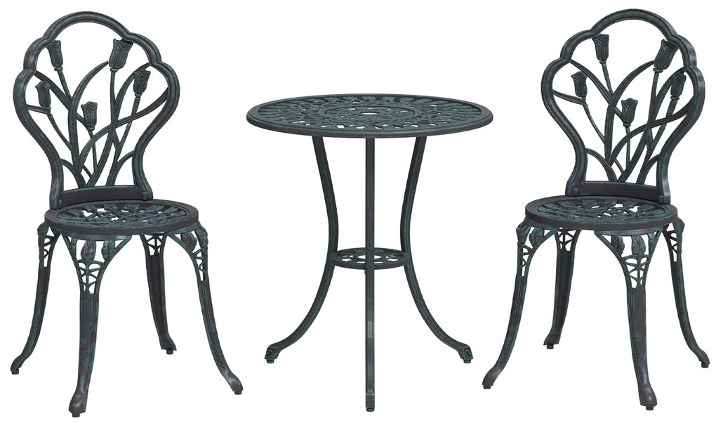 Outsunny Set Mobilier de Grădină 2 Locuri 2 Scaune + Masă Rotundă Fontă de Aluminiu Imitație Fier Forjat Verde | Aosom Romania