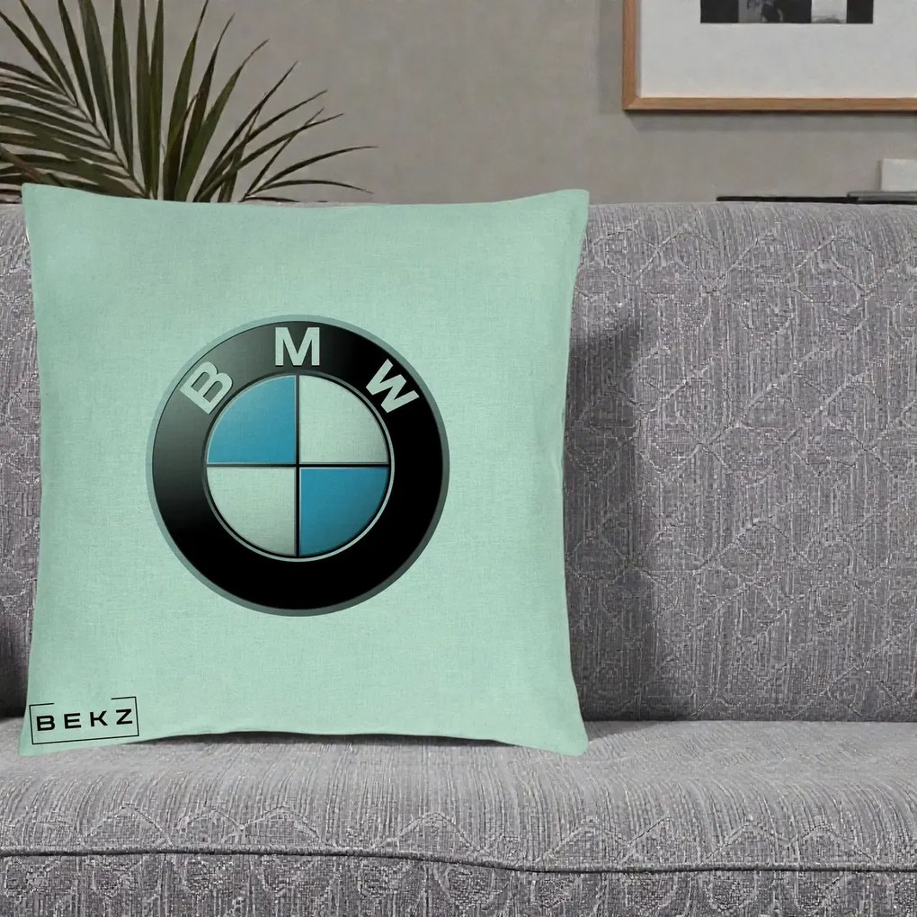 Perna Personalizata cu emblema BMW, 40x40 cm, Verde Menta, Husa Detasabila, Perna Inclusa, BEKZ®