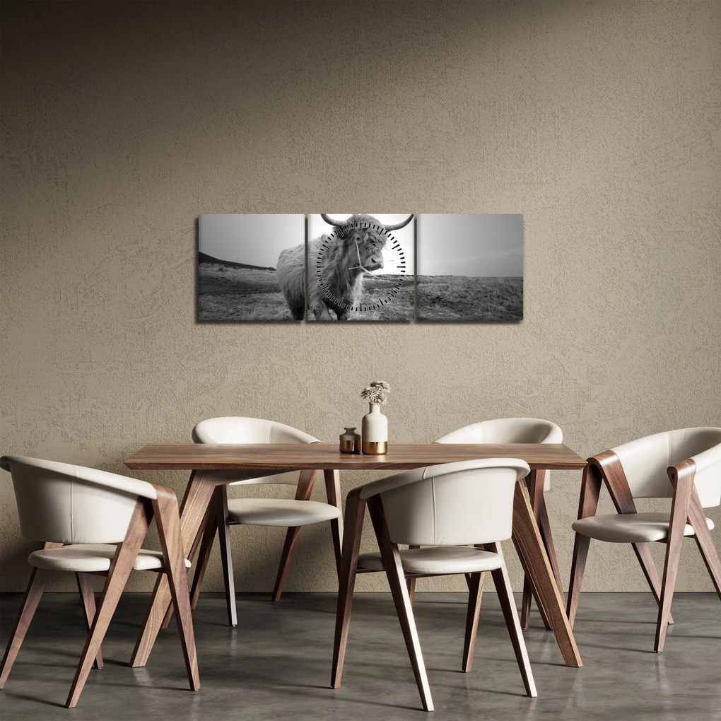 Tablou - Vacă scoțiană,alb-negru (cu ceas) (90x30 cm)