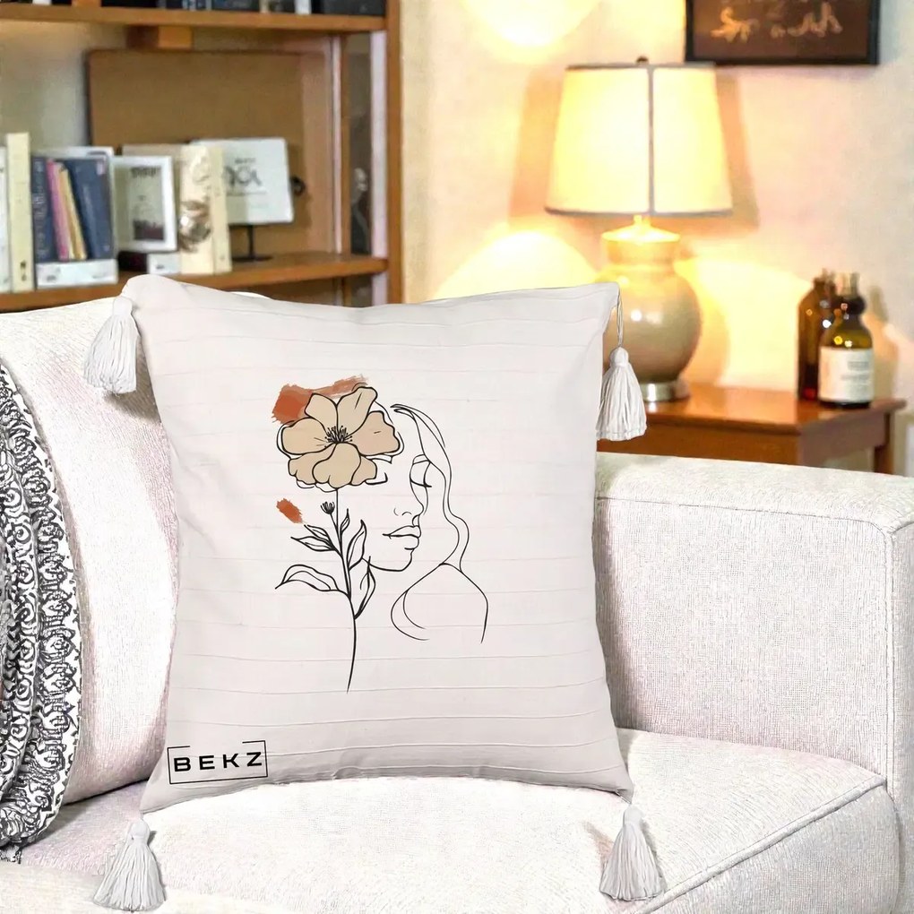 Perna Decorativa Portret Feminin Floare Bej Terracotta, 40x40 cm, Bej cu Franjuri, Husa Detasabila, Perna Inclusa, BEKZ®