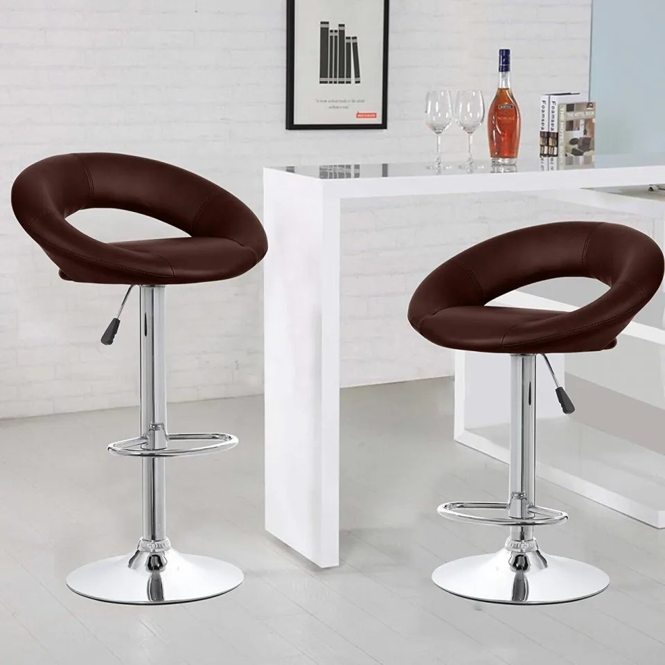 Set 2 scaune bar, Bedora Oval, piele ecologica, maro