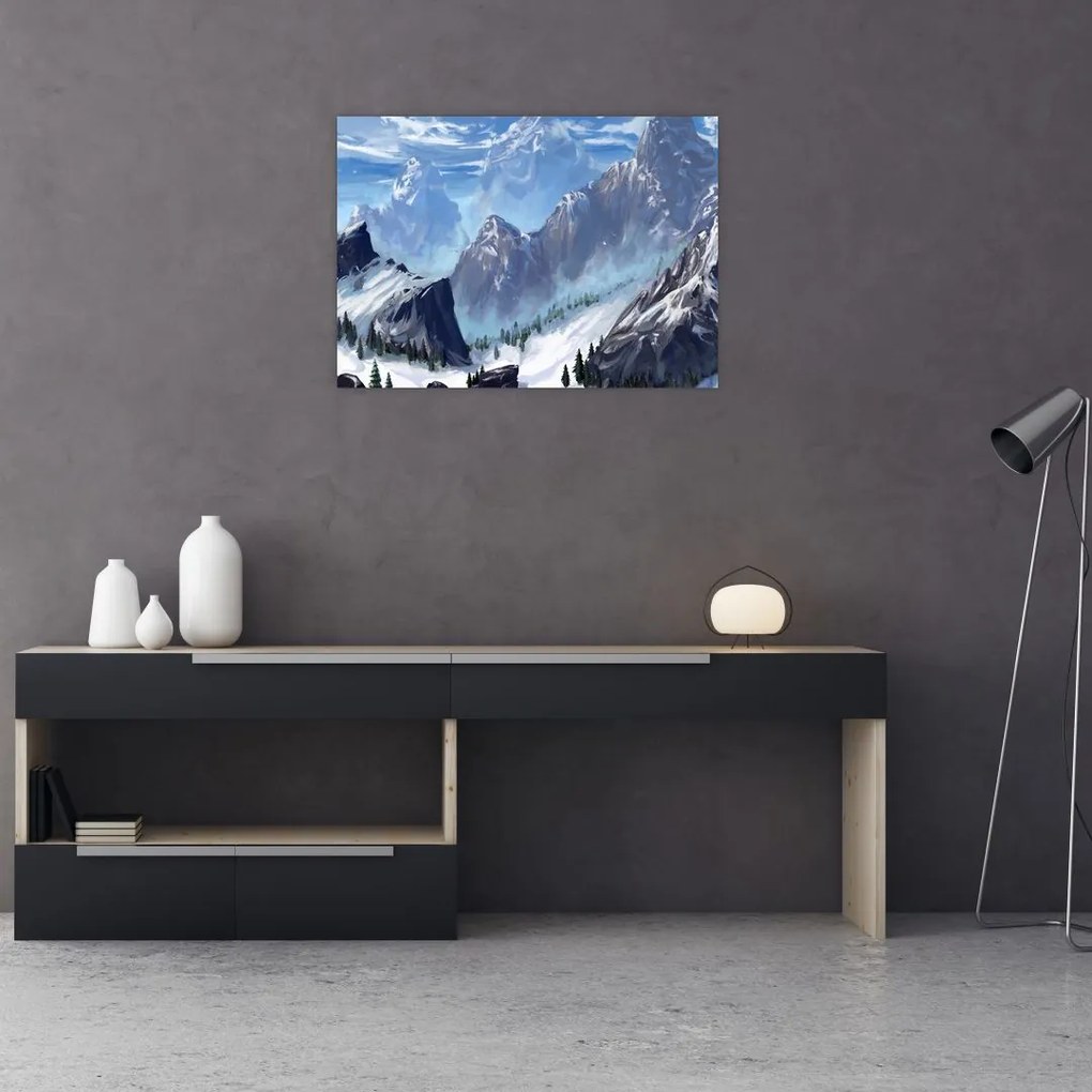 Tablou pe sticlă - Munții pictați (70x50 cm)