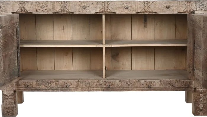 Bufet rustic din lemn reciclat, natur, cu 2 uși, decor sculptat manual și balamale fluture din metal, 92 x 167 x 51 cm, „Rigora”