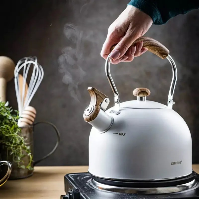 Ceainic cu fluier Kinghoff KH 1860, 2.5 l, Inductie, Maner din lemn, Alb