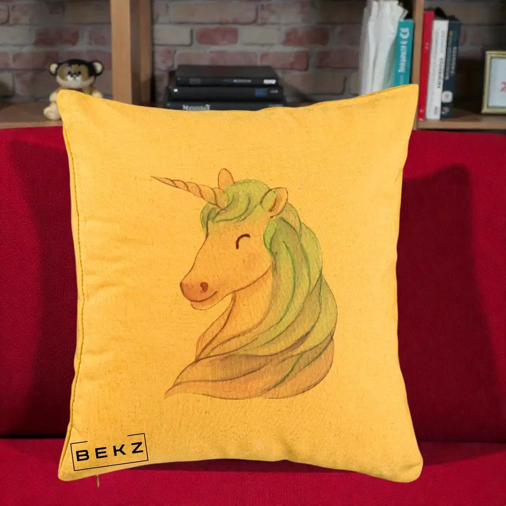 Perna Decorativa Unicorn Acuarela Pastel, 40x40 cm, Galben, Husa Detasabila, Perna Inclusa, BEKZ®