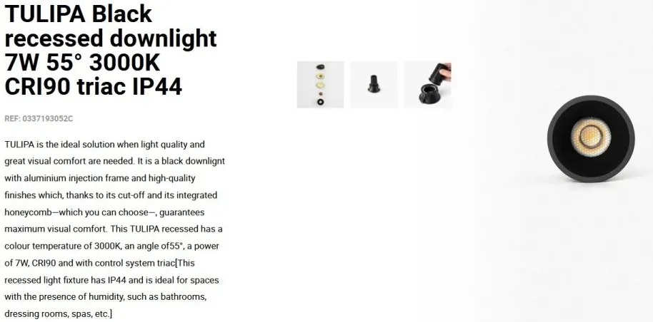 Spot LED incastrabil TULIPA Black recessed downlight 7W 55° 3000K CRI90 triac IP44