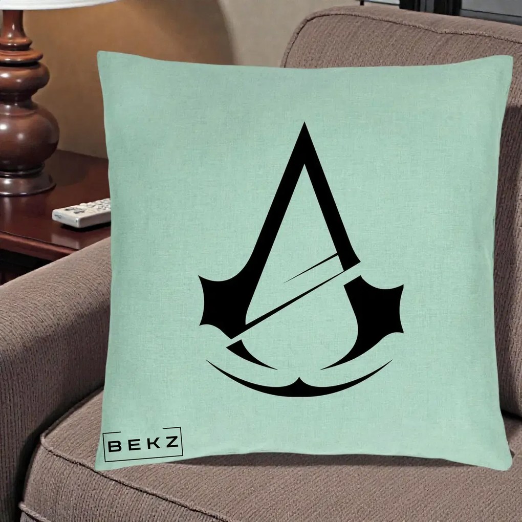 Perna Personalizata Assassin's Creed Minimalist, 40x40 cm, Verde Menta, Husa Detasabila, Perna Inclusa, BEKZ®