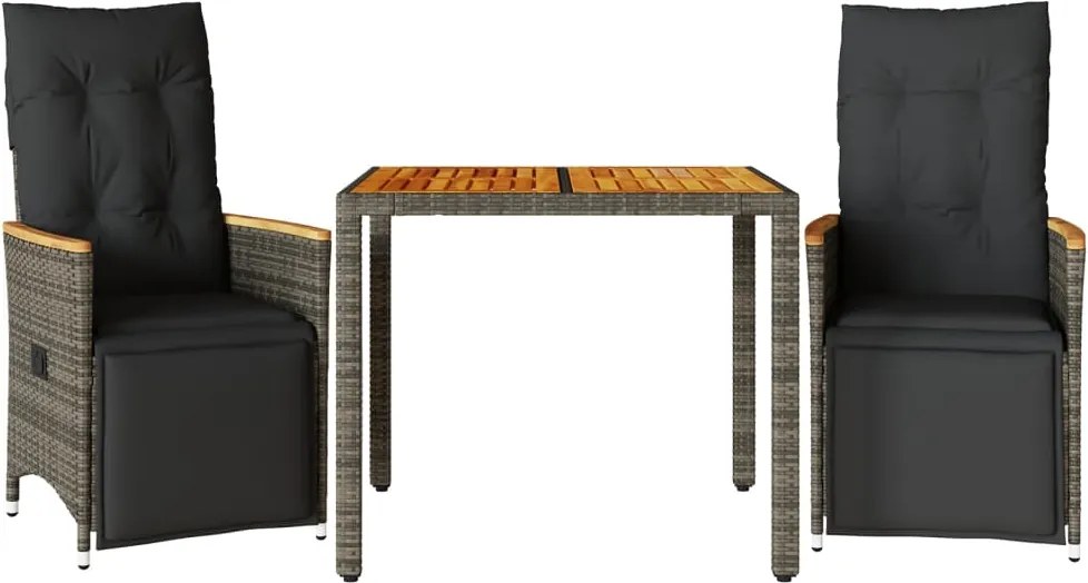 vidaXL Set bistro de grădină cu perne, 3 piese, gri, poliratan