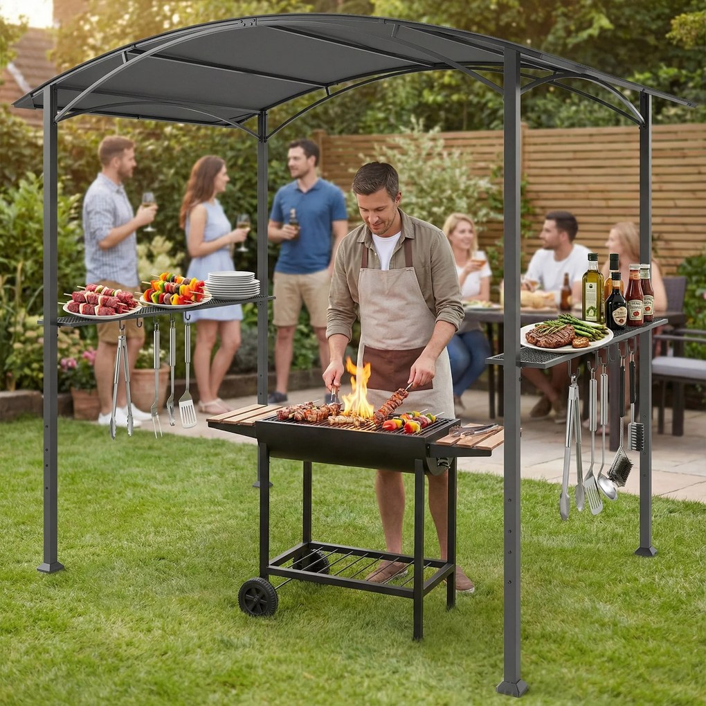Outsunny Gazebo pentru Grătar 2.5x1.5 m, Pergolă pentru Grătar cu 2 Rafturi Laterale și Cârlige, Cadru din Oțel și Acoperiș din Poliester pentru Grădină, Gri Închis | Aosom Romania