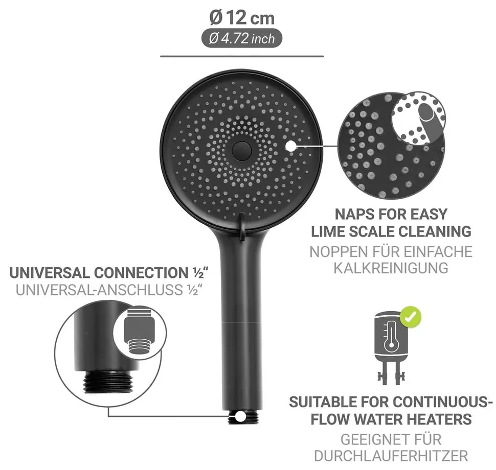 Cap de duș negru mat din plastic ø 12 cm Softwater – Wenko