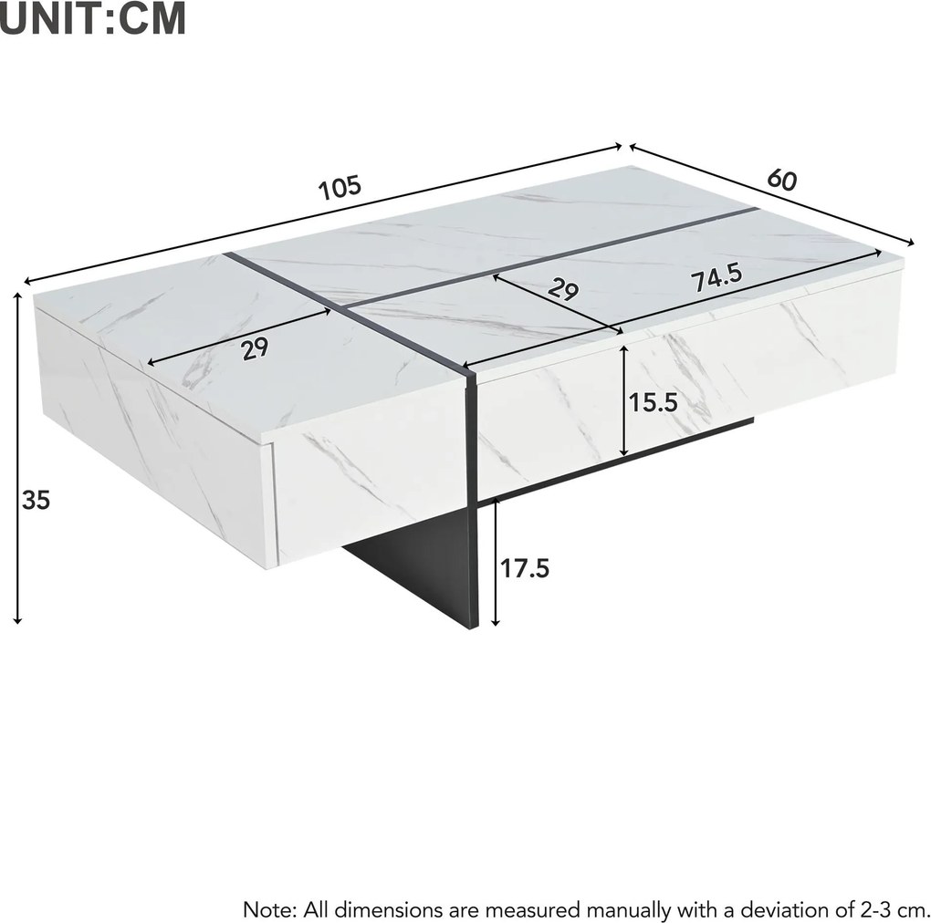 Masă de cafea modernă cu iluminare LED, 3 sertare spațioase, 105x60x35 cm, Alb