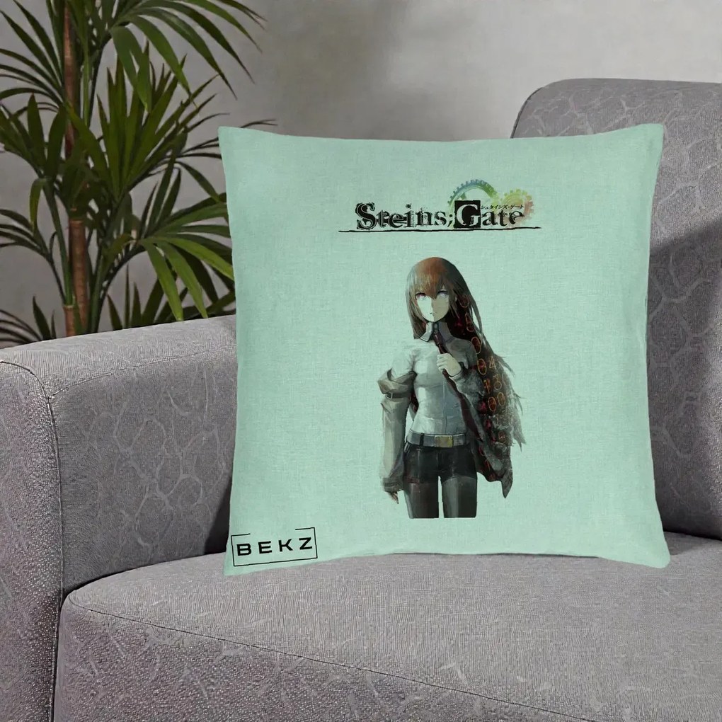 Perna Personalizata Steins Gate Kurisu Makise Anime, 40x40 cm, Verde Menta, Husa Detasabila, Perna Inclusa, BEKZ®