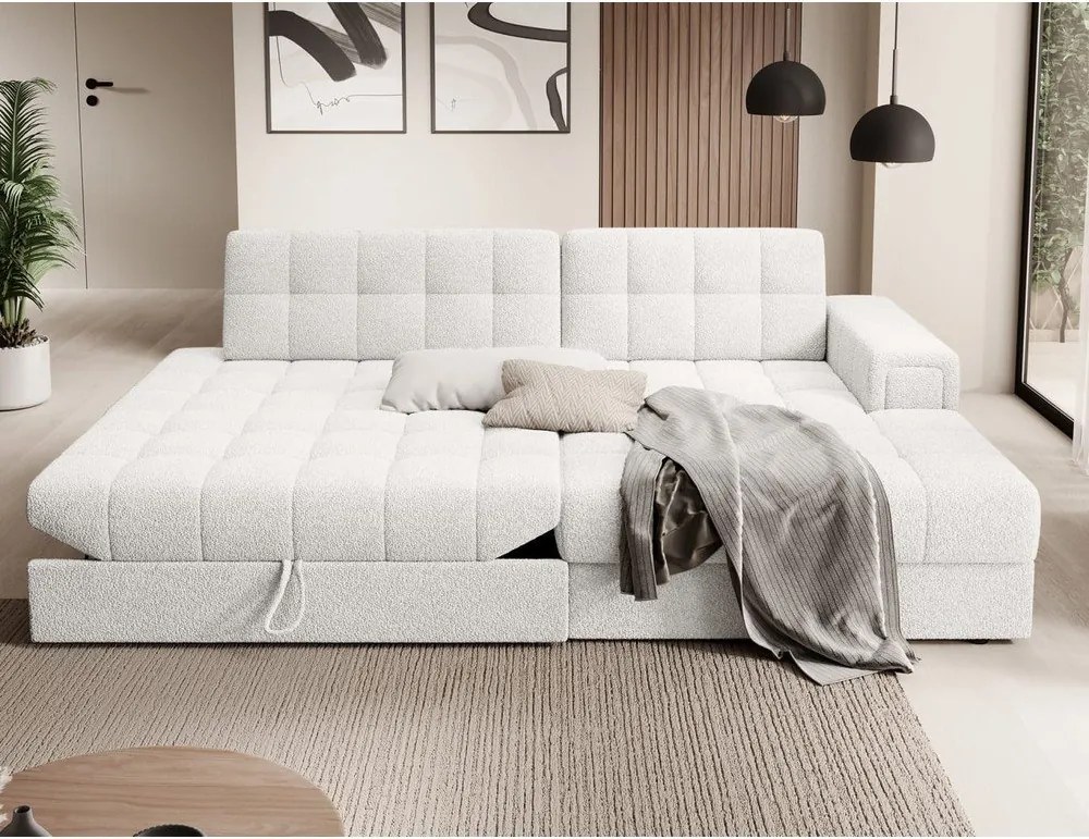 Colțar crem extensibil cu tapițerie din țesătură bouclé (cu colț pe partea dreaptă/cu șezlong) Blezalt – ELTAP