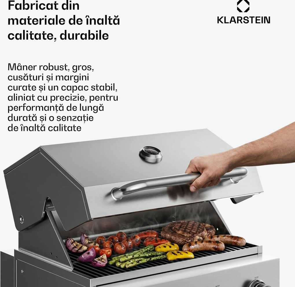 Klarstein Grătar cu gaz WaldChef | 4 arzătoare | 30 mbar | 12800 W | Grătar din fontă | Oțel inoxidabil