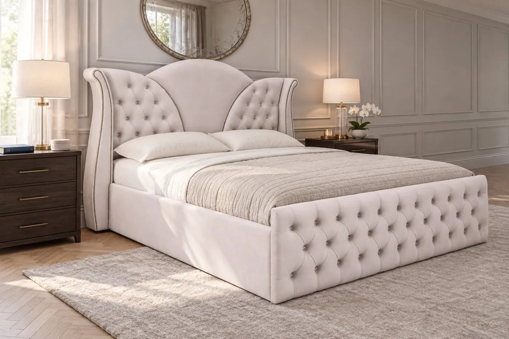Pat tapițat Chesterfield din catifea Velora Cristal 180×200 cm, crem, cu ladă de depozitare