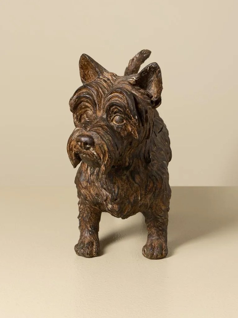 Cutie decorativă din rășină maro în formă de câine Scottish Terrier, capac detașabil, finisaj antichizat, 25 x 33 x 12,5 cm, „Écossais”