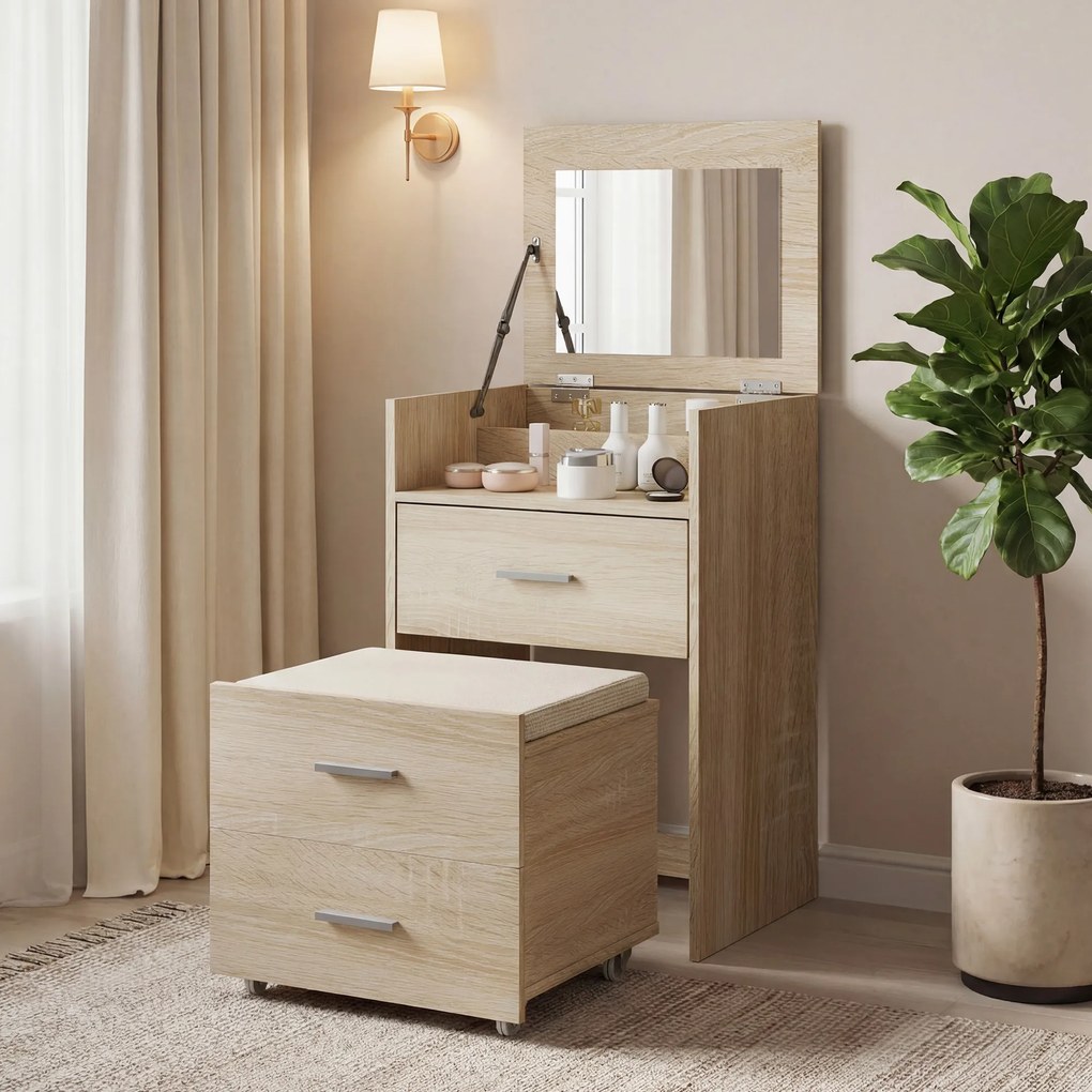 HOMCOM Masă de Toaletă cu Oglindă Rabatabilă, Natural | Aosom Romania