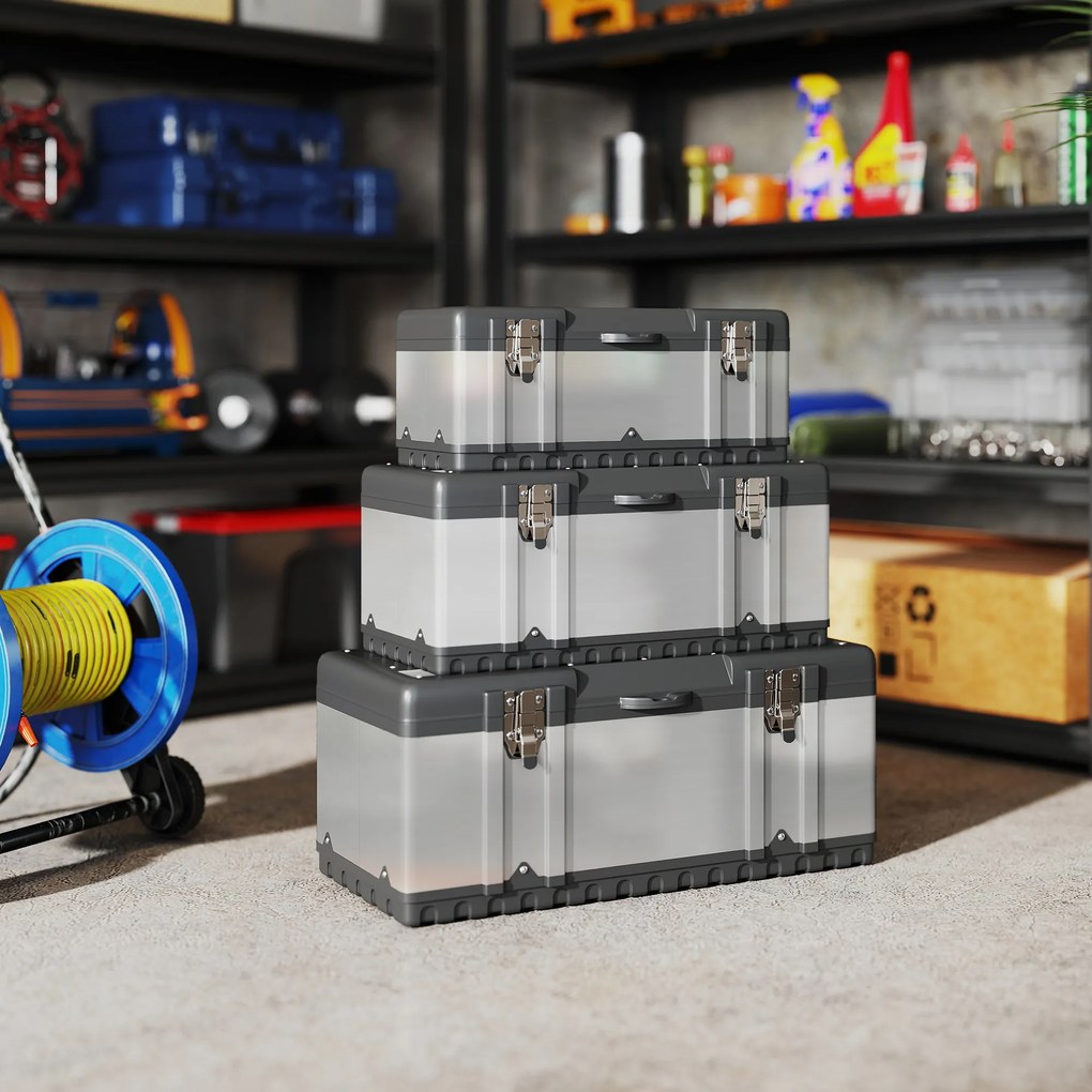 HOMCOM Set de 3 cutii pentru scule, oțel inoxidabil, plastic, culoare argintie | Aosom Romania