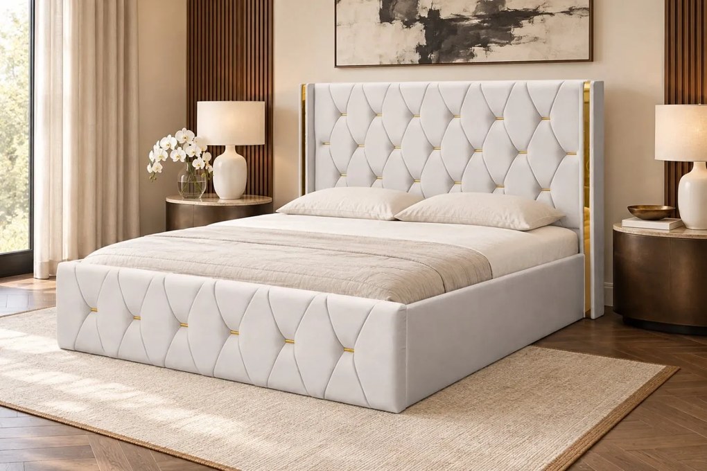 Pat tapițat din catifea Liora 160×200 cm, crem, cu ladă de depozitare