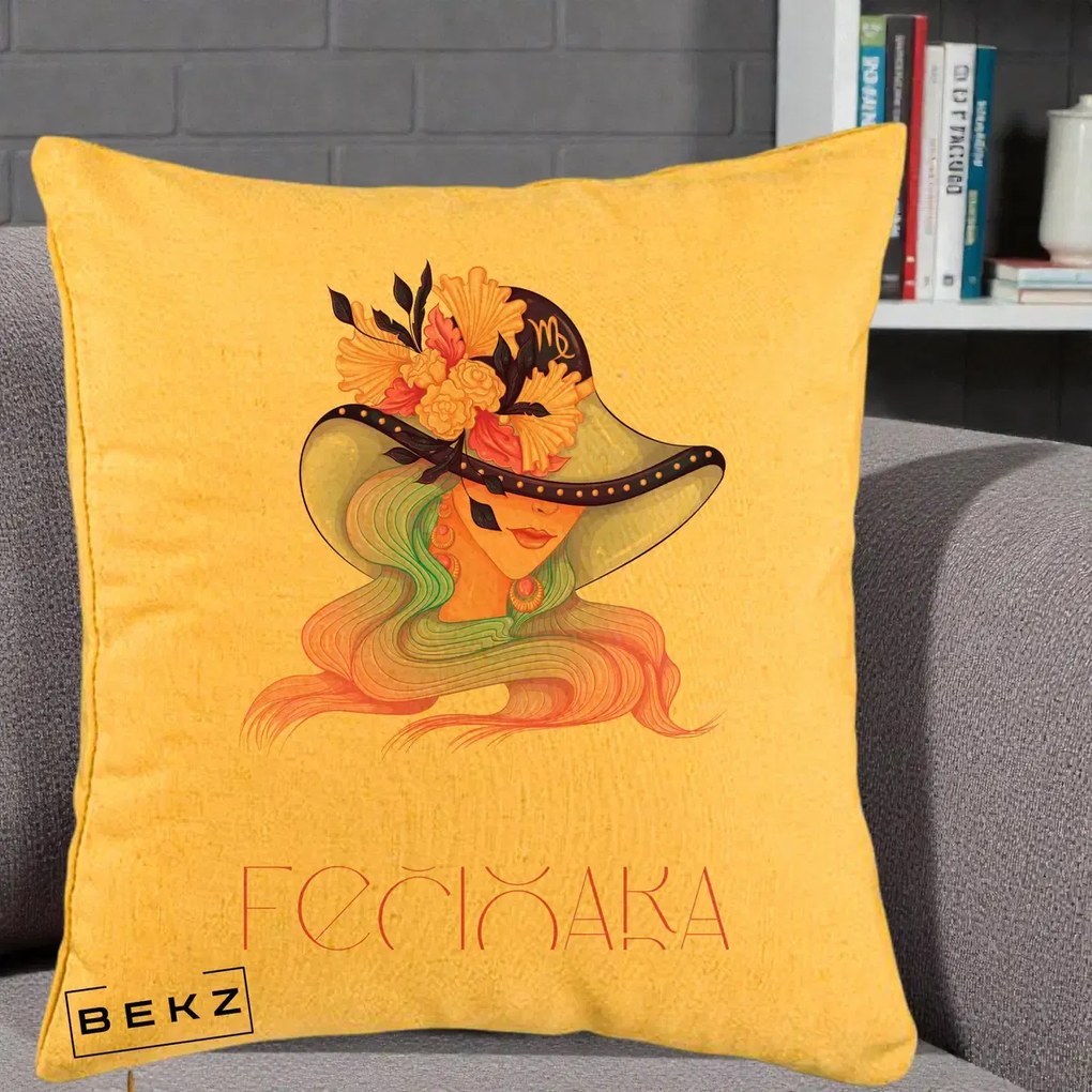Perna Personalizata Zodie Fecioara, 40x40 cm, Galben, Husa Detasabila, Perna Inclusa, BEKZ®