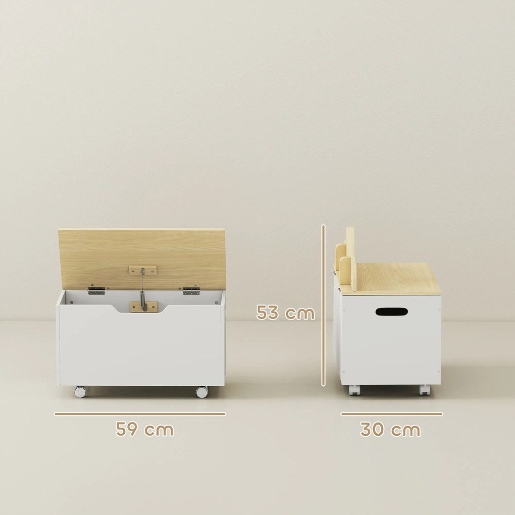 AIYAPLAY Cufăr de jucării pentru copii pe roți, cutie de depozitare pentru copii cu capac rabatabil, 59 x 30 x 53 cm, alb | Aosom Romania