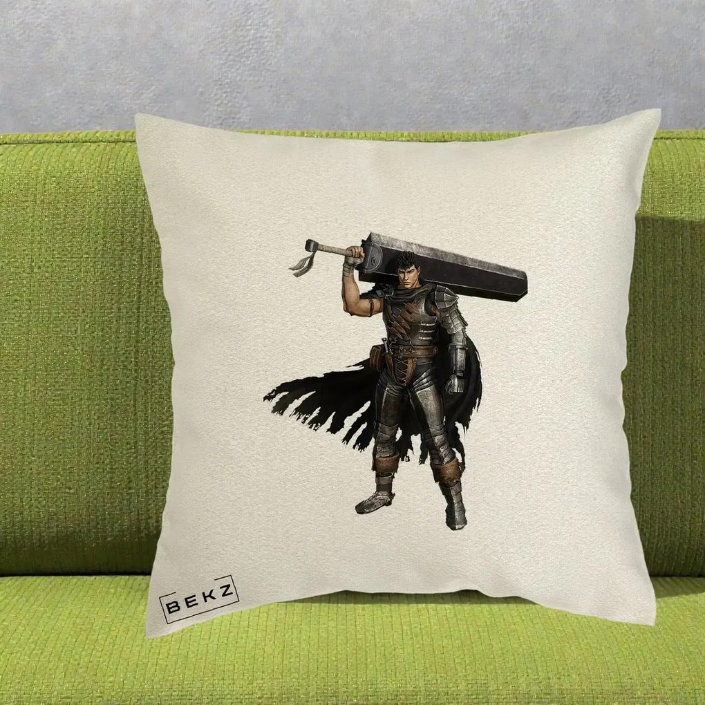 Perna Personalizata Berserk Guts Luptatorul Negru, 40x40 cm, Ecru, Husa Detasabila, Perna Inclusa, BEKZ®