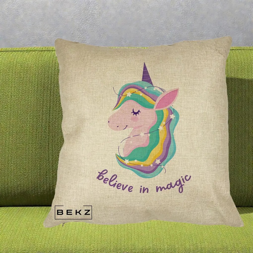 Perna Decorativa Unicorn Believe in Magic, 40x40 cm, Crem, Husa Detasabila, Perna Inclusa, BEKZ®